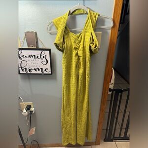 Free People Lime Green Sleeveless Jumpsuit NEW Size Large Linen Cotton